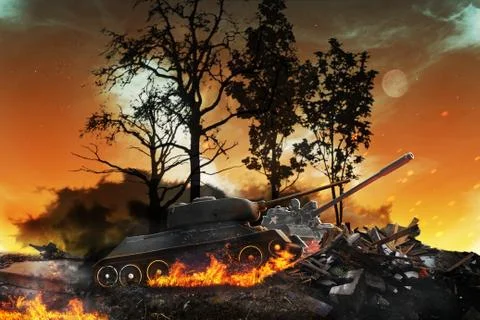 Two tanks in the burned forest Stock Photos