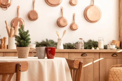 Two tea cups on Christmas table copy space Stock Photos