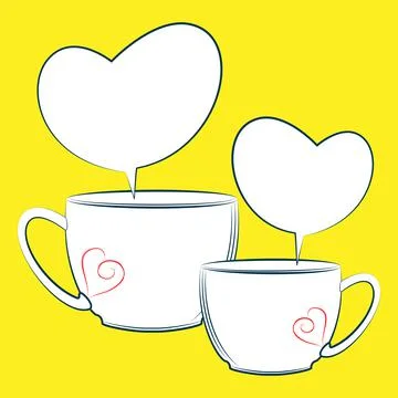 Two tea mugs with dialogue bubbles in form of hearts. Romantic chat Stock Illustration