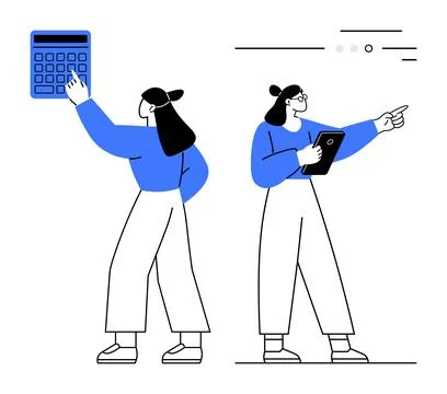 Two team members, one using a large calculator and another holding a tablet a Stock Illustration
