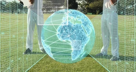 Two teammates doing shoulder stretches as globe materializing between them with Stock Footage 323335249