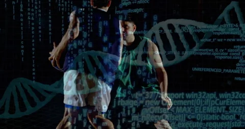 Two teammates sparring in technology training studio, with holographic DNA helix Stock-Footage 307973208