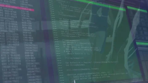 Two teammates walking corridor and initiating tech code overlay with scrolling Stock Footage 310319004