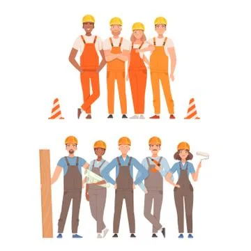 Two teams of builders in overalls with tools. Vector illustration. Stock Illustration