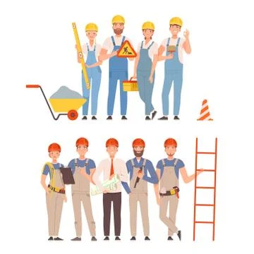 Two teams of builders with tools. Vector illustration. Stock Illustration
