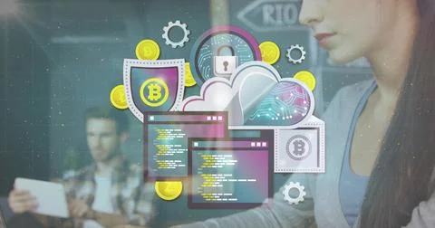 Two tech professionals collaborating on blockchain overlay in office, with Foto stock