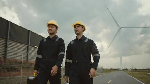Two technician engineer in uniform with standing and checking wind turbine. Foto stock