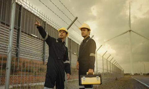 Two technician engineer in uniform with standing and checking wind turbine  Stock-Fotos