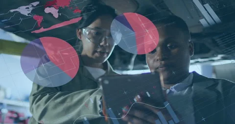 Two technicians adjusting aviation engine and swiping tablet overlaying charts Stock Footage 311126145