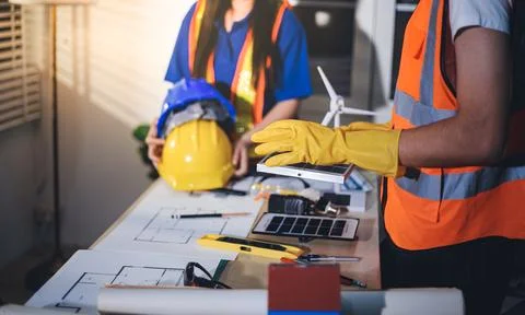 Two technicians inspect server racks in data center with tablet and fiber o.. Foto stock