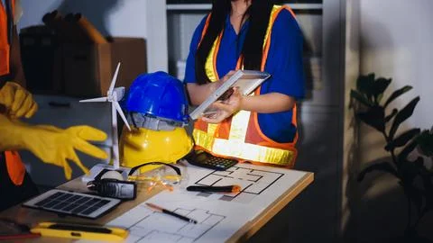 Two technicians inspect server racks in data center with tablet and fiber o.. Stock Photos