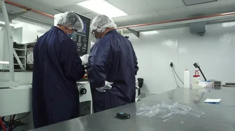 Two technicians inspecting part and discussing in Cleanroom 스톡 동영상 10895586