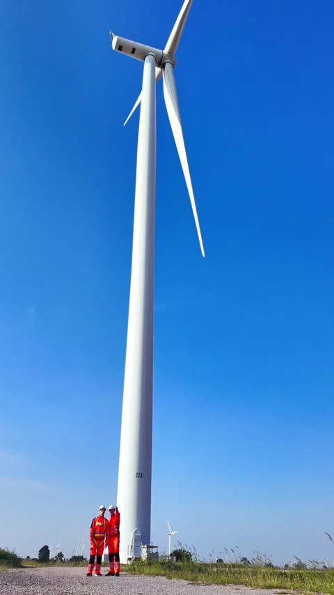 Two technicians in red safety gear inspect a towering wind turbine Stock Footage 329953844