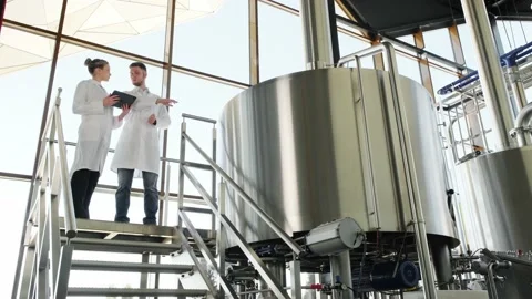Two technologists examining production equipment Vidéo 175796301