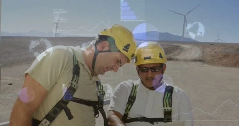 Two techs arriving wind farm, reading plan, pointing as data overlays on plan, Stock Footage 334312629