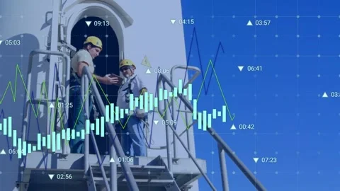 Two techs exiting access hatch checking tablet inspecting tower while data Stock Footage 333833777