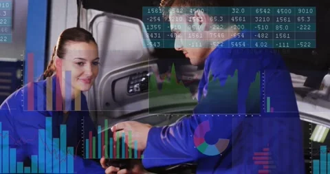 Two techs handing part open trunk, male checking and securing strap with data Stock Footage 331048514