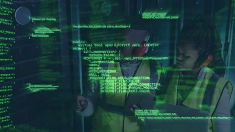 Two techs inspecting racks in datacenter green overlay forming code window male Vídeos de archivo 332566473