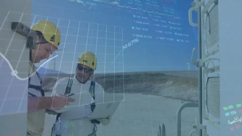 Two techs pointing and consulting laptop and tablet, growing animated charts for Stock Footage 332544787