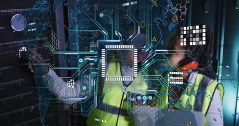 Two techs pointing at port, reaching into rack while HUD reacting, checking PC, Stock Footage 334040718