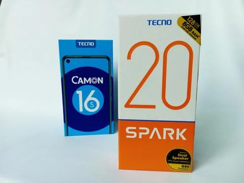 Two Tecno smartphone paper boxes package on white background. Stock Photos