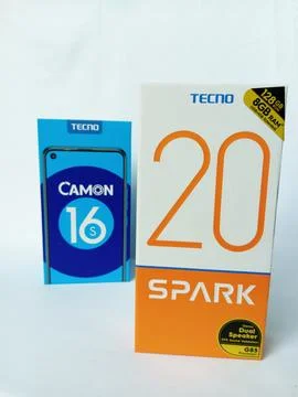 Two Tecno smartphone paper boxes package on white background. Stock Photos