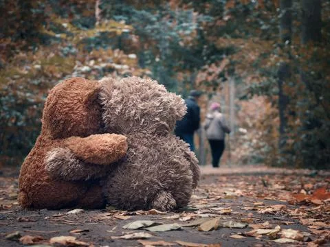 Two Teddy bear hugging each other and watch out for the road an elderly coupl Stock Photos