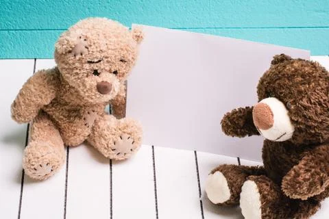 Two teddy bear sitting on white wooden floor in blue-green background with blank Foto stock