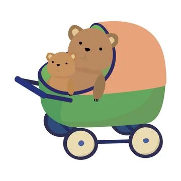 Two teddy bears are riding in a baby carriage. Vector illustration. Stock Illustration