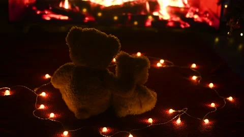 Two teddy bears are sitting hugging and looking at the fireplace flame. Stock-Footage 169921109