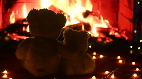 Two teddy bears are sitting hugging and looking at the fireplace flame. Stock-Footage 220140316