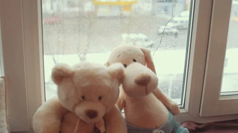 Two teddy kept near window Stock Footage 58617714