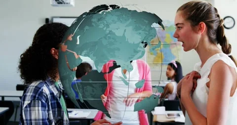 Two teens arguing in school, globe rotating revealing teacher stepping between Stock Footage 330209332