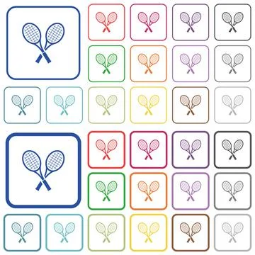 Two tennis rackets outlined flat color icons Stock Illustration