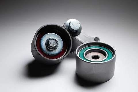 Two tensioning rollers of the engine timing belt on a gray background. New spare 写真素材