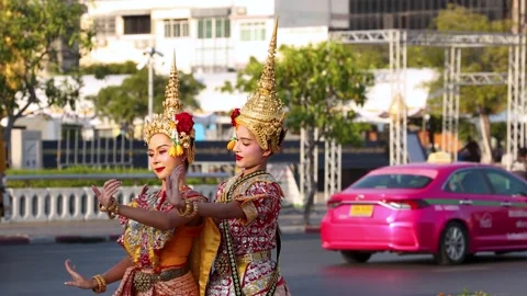 Two Thai Khon Dancers Perform Traditional Classical Dance in Bangkok City Stock Footage 333307027