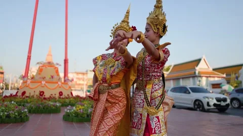 Two Thai Khon Dancers Performing Traditional Classical Dance at Wat Suthat Stock Footage 333306813