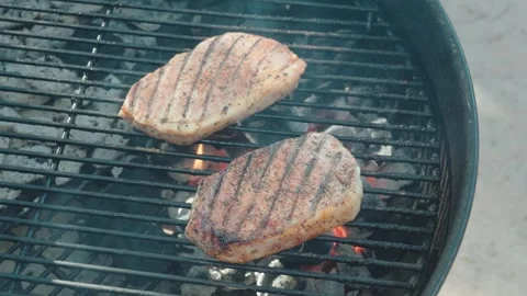 Two thick pork chops grilling on a charcoal BBQ Stock Footage 327700619