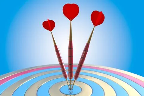 Two three red darts hitting the bullseye aim. concept of success 3d illustration Illustrazione stock