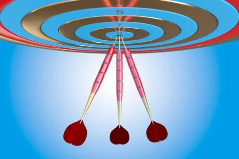 Two three red darts hitting the bullseye aim. concept of success 3d illustration Stock Illustration