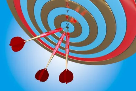 Two three red darts hitting the bullseye aim. concept of success 3d illustration Stock Illustration