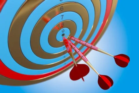 Two three red darts hitting the bullseye aim. concept of success 3d illustration Stock Illustration