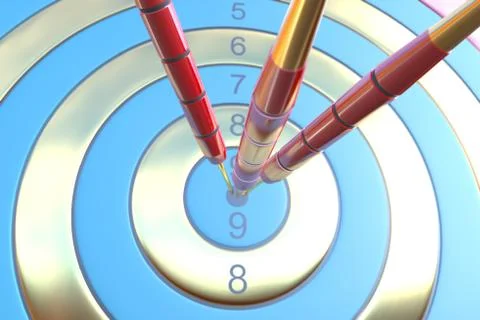 Two three red darts hitting the bullseye aim. concept of success 3d illustration Stock Illustration