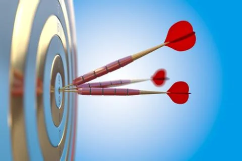 Two three red darts hitting the bullseye aim. concept of success 3d illustration Stock Illustration