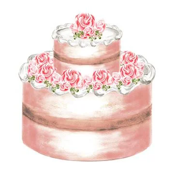 Two-tier cake with white cream and rose flowers Watercolor illustrations for Stock Illustration