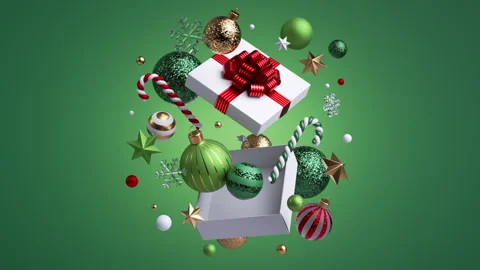 Two tiered presents launch baubles, stars, and sweets that fly in Stock Footage 319959841