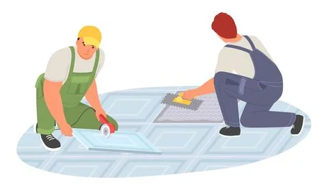 Two tiler workman putting ceramic tile vector illustration Stock Illustration