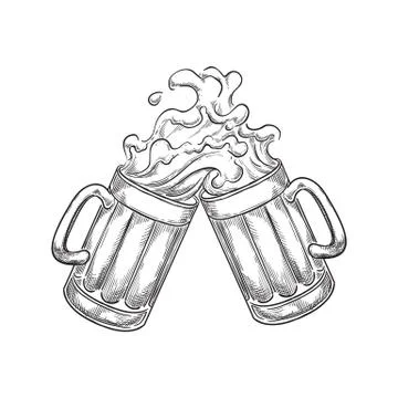 Two toasting beer mugs with splash drinks, sketch vector illustration. Hand d Stock-Illustration