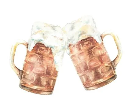 Two toasting beer mugs with splash foamy drinks watercolor illustration. Hand Illustrazione stock