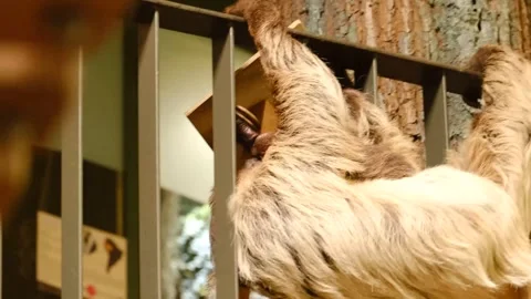 Two-toed sloth climbing slowly on a metal structure in a zoo Vidéo 335961660